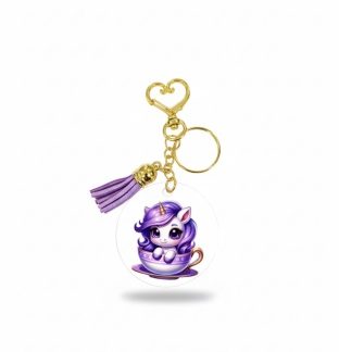 Handmade Purple Teacup Unicorn w/ Purple Tassel Awareness Keychain Chronic & Invisible Illness Support