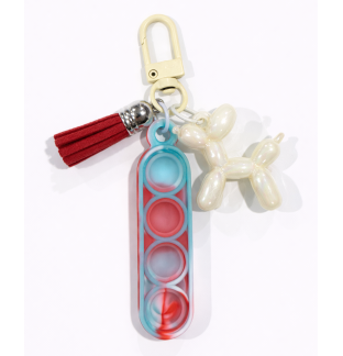 Blue & Red Swirl Silicone Mini Pop Fidget With Pale Yellow Balloon Dog And Red Tassel Keychain Sensory Toy Raise Awareness Support Rare Chronic & Invisible Illness