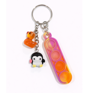 Pink & Orange Swirl Silicone Mini Pop Fidget With Adorable Black Penguin and Orange Duck Charms Keychain Sensory Toy Raise Awareness Support Rare Chronic & Invisible Illness