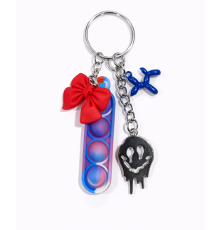 Red White & Blue Swirl Silicone Mini Pop Fidget With Blue Balloon Dog Charm & Silver Melting Smiley Face Keychain Sensory Toy Raise Awareness Support Rare Chronic & Invisible Illness