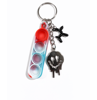 Red White & Teal Swirl Silicone Mini Pop Fidget With Adorable Black Balloon Dog and Silver Melting Smiley Face Keychain Sensory Toy Raise Awareness Support Rare Chronic & Invisible Illness