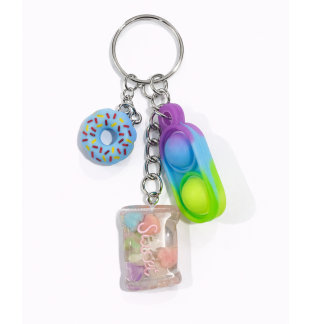 Purple Blue & Green Silicone Mini Pop Fidget With Blue Donut and Pink Sweets Bag Charml Keychain Sensory Toy Raise Awareness Support Rare Chronic & Invisible Illness