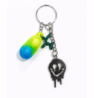 Yellow Green Blue Silicone Mini Pop Fidget With Green Dog Balloon and Silver Melting Smiley Face Keychain Sensory Toy Raise Awareness Support Rare Chronic & Invisible Illness