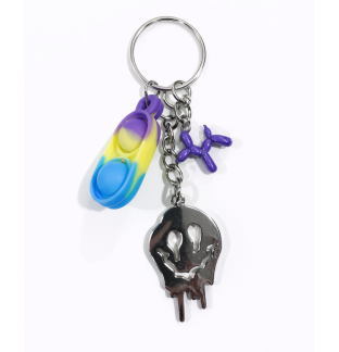 Purple Yellow Blue Silicone Mini Pop Fidget With Purple Balloon Dog and Silver Melting Smiley Face Keychain Sensory Toy Raise Awareness Support Rare Chronic & Invisible Illness