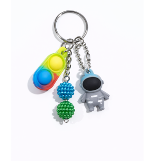 Rainbow Silicone Mini Pop Fidget With Gray Astronaut and Blue Green Ball Charms Keychain Sensory Toy Raise Awareness Support Rare Chronic & Invisible Illness