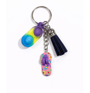 Purple Yellow Blue Silicone Mini Pop Fidget KeychainWoth Pink Floral Flip-Flop And Navy Blue Tassel Sensory Toy Raise Awareness Support Rare Chronic & Invisible Illness