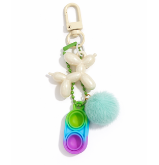 Green Blue Purple Silicone Mini Pop Fidget Keychain Beige Balloon Dog Charm & Teal Pom-Pom Sensory Toy Raise Awareness Support Rare Chronic & Invisible Illness