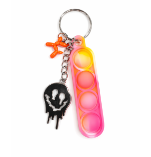 Pink Yellow Orange Swirl Silicone Mini Pop Fidget With Orange Balloon Dog & Silver Melting Happy Face Keychain Sensory Toy Raise Awareness Support Rare Chronic & Invisible Illness