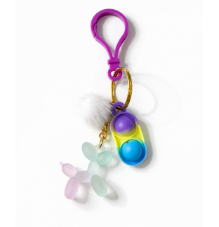 Purple Blue Yellow Silicone Mini Pop Fidget With Teal Pink Balloon Dog Charm & White Pom Pom Sensory Toy Raise Awareness Support Rare Chronic & Invisible Illness