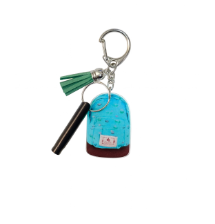 2D Acrylic Blue Backpack Keychain w/Black Safety Whistle Green Tassel Nonprofit