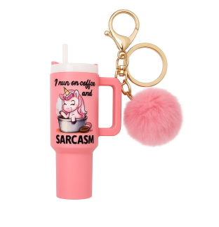 I Run On Coffee & Sarcasm Pink Mini Tumbler Keychain Pill Holder Purse & Bag Accessory Support & Spread Awareness