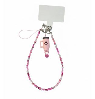 Handmade Pink Beaded Phone Strap W/ Tumbler Charm Bag Zipper Accessory Chronic Rare Invisible Illness Support & Awareness