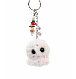 Handmade White With Specks of Rainbow Octopus With Pink Accents and Mult Colored Charm Crochet Plush Keychain Support Chronic, Rare & Invisible Illness Awareness