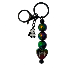 Handmade Iridescent Black Panda & Heartbeat Beaded Keychain Supporting Invisible Illness Awareness