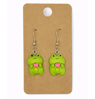 Green Frogs Pink Hearts Dangling Earrings Supporting Awareness for Chronic Rare and Invisible Illnesses