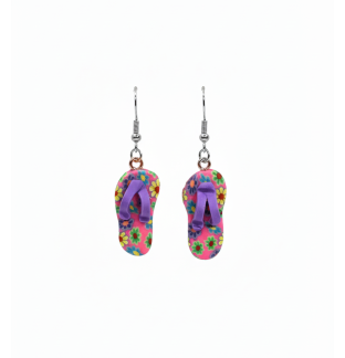 Handmade Tropical Pink Purple Flip-Flop Dangling Earrings Gold Supporting Awareness for Chronic Rare and Invisible Illnesses