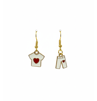 Handmade White Shirt & Pants With Red Heart Dangling Earrings Gold Supporting Awareness for Chronic Rare and Invisible Illnesses