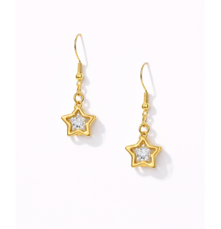 Handmade 3-D Gold Star Clear Stone Dangling Earrings Supporting Awareness for Chronic Rare and Invisible Illnesses