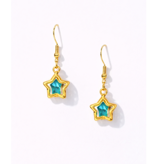 Handmade 3-D Gold Star Teal Stone Dangling Earrings Supporting Awareness for Chronic Rare and Invisible Illnesses