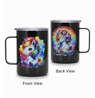 Rainbow Unicorn Black Travel Mug Rare, Chronic & Invisible Illness Awareness and Support