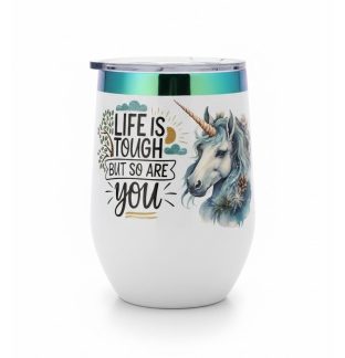 Life Is Tough But So Are You Unicorn White Travel Cup w/ Iridescent Rim Hope Strength Fighter Rare, Chronic & Grow Positive Thoughts Unicorn Invisible Illness Awareness and Support
