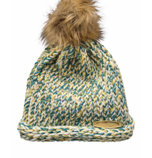 Green and Brown Hand Knit Winter Beanie Hat w Pom Pom Warm Cozy Handmade Knit Cap Unisex Support & Awareness For Chronic Rare Illness